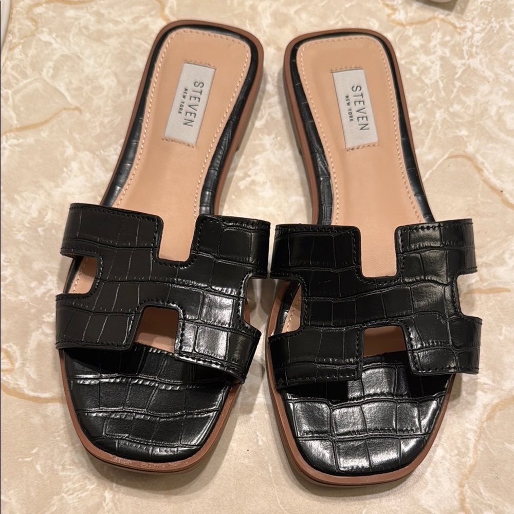 Black H-Style Slide Sandals with Flat Sole - Picture 2 of 6